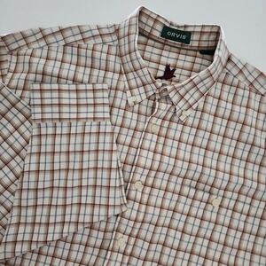 Orvis brown cream plait long sleeve button front‎ shirt mens size XL